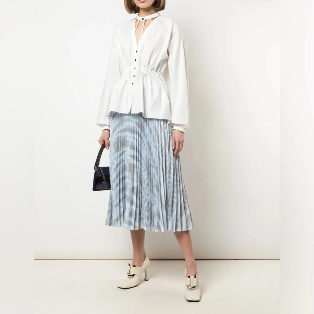 🩵 Proenza Schouler Light Blue and Gray Tie Dye Pleated Midi Skirt - Picture 2 of 11